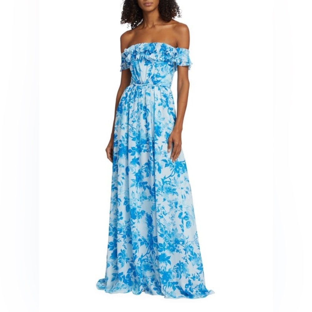 Monique Lhuillier Strapless Blue Floral Dress